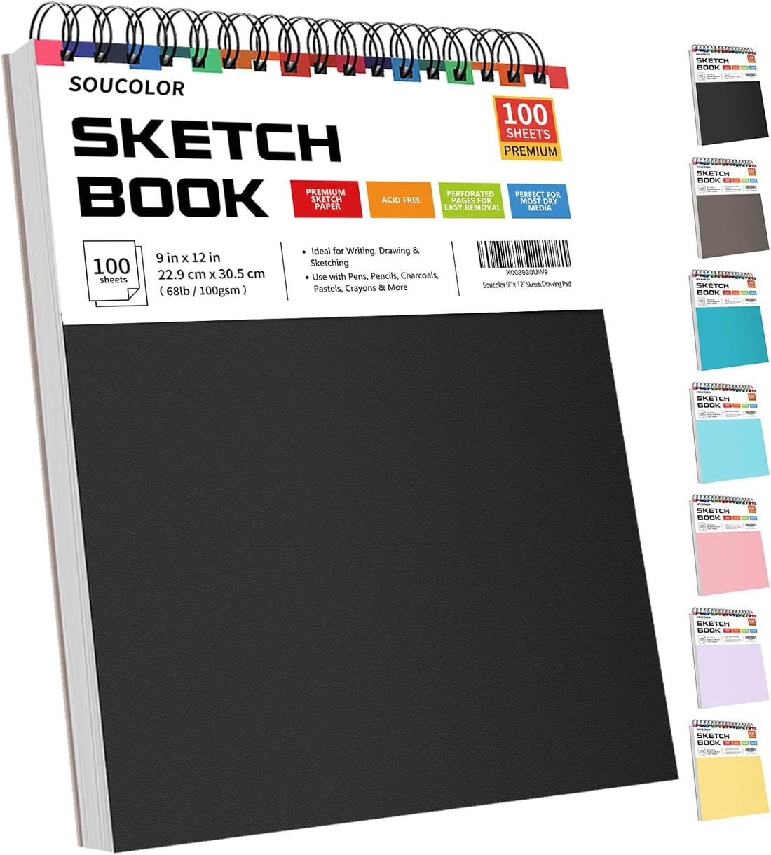 Soucolor 9" x 12" Sketch Book, 1-Pack 100 Sheets Spiral Bound Art Sketchbook, (68lb/100gsm) Acid Free Artist Drawing Book Paper Painting Sketching Pad for Kids Students Adults Beginners