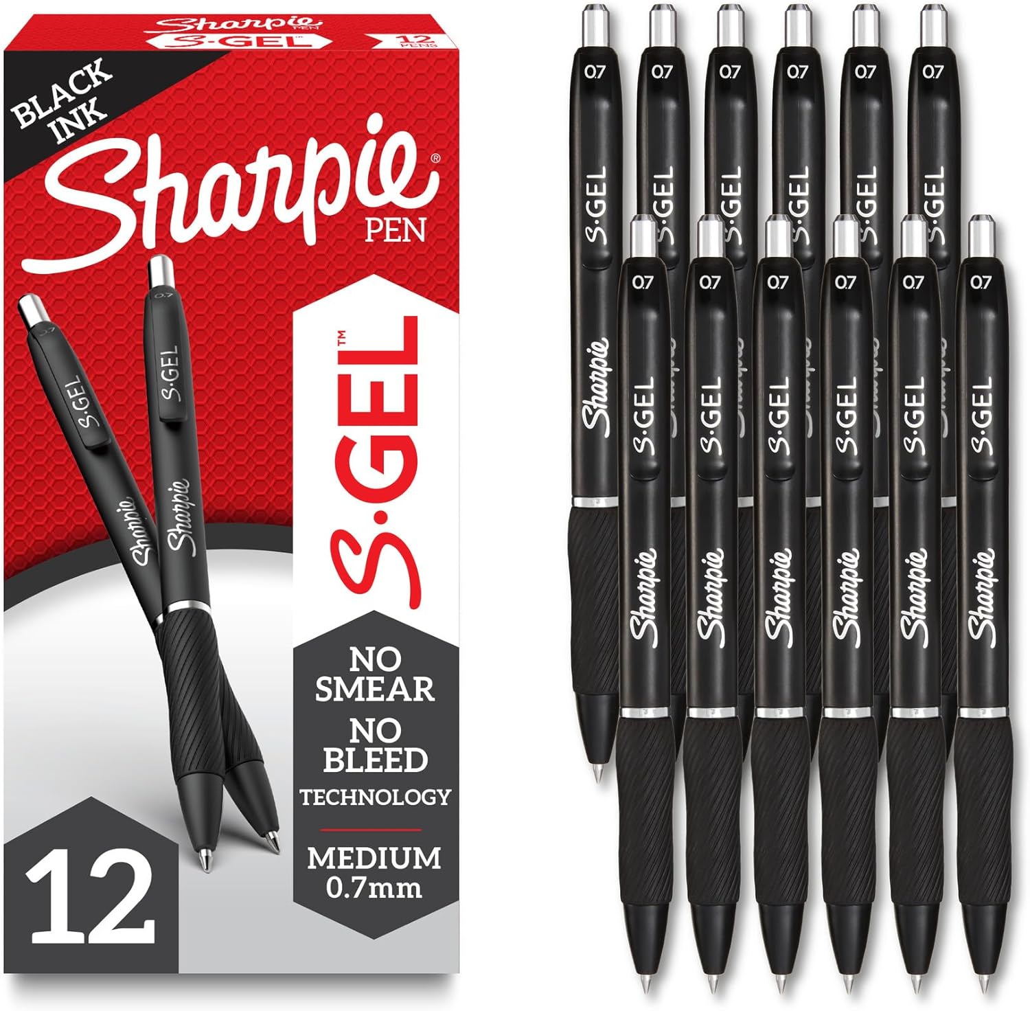 Sharpie S-Gel Pens – 12 Pack, Medium Point 0.7mm, Black Ink & Barrel, For Writing & Journaling