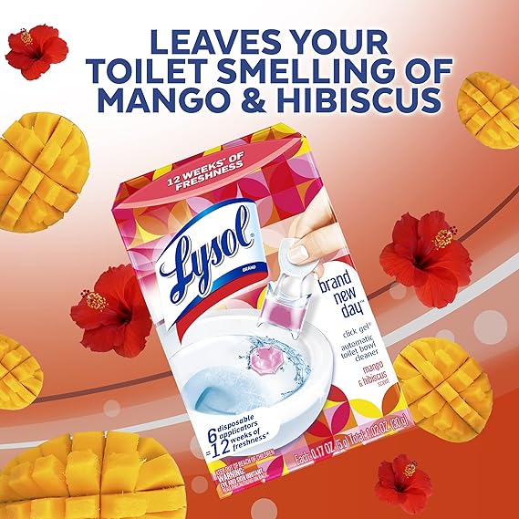 Lysol Click Gel Toilet Bowl Cleaner – Mango & Hibiscus, 6 Count, Cleans & Refreshes